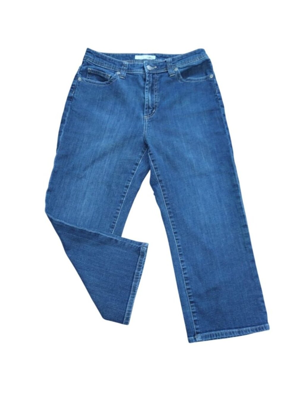 Chicos Platinum Crop Denim Jeans Rhinestone Back Pockets Womens Size 1 Blue.